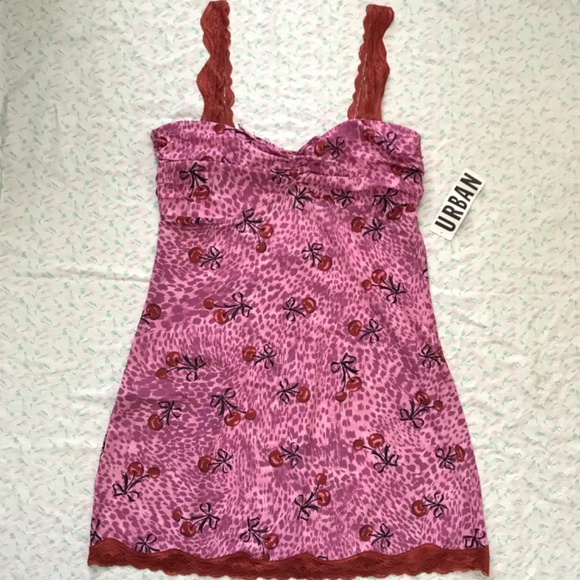 NWT Out From Under Mon Amor Lace Strap Mesh Slip Dress L Blush Pink Red Cherry - Picture 1 of 13